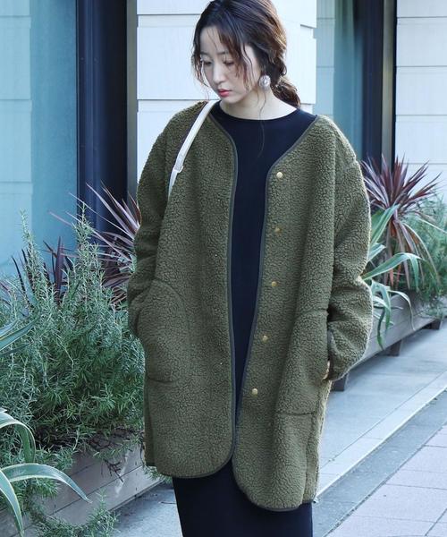 coen（コーエン）の「【WEB限定】ボアノーカラーパイピングジャケット（コート/アウター）（ノーカラージャケット・レディース・ベージュ/オフホワイト/カーキ・FREE）」の3枚目の写真