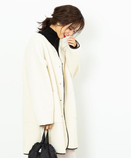 coen（コーエン）の「【WEB限定】ボアノーカラーパイピングジャケット（コート/アウター）（ノーカラージャケット・レディース・ベージュ/オフホワイト/カーキ・FREE）」の10枚目の写真