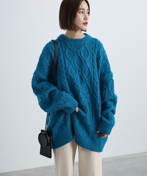select MOCA(セレクトモカ)の「ケーブルオーバーサイズニット(ニット/セーター・レディース・ベージュ/ライトグリーン/アイボリー/レッド/ターコイズブルー・FREE)」の7枚目の写真