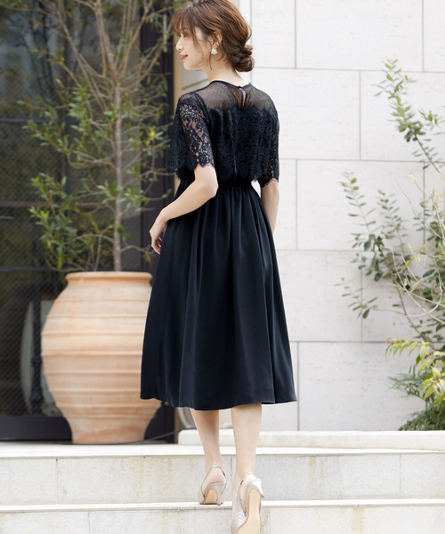 二次会 成人式 同窓会 謝恩会 お呼ばれ対応フォーマルパーティードレス ドレス ドレス ワンピース ドレス ドット 花柄レース切替フレア結婚式ワンピース Girl ガール のファッション