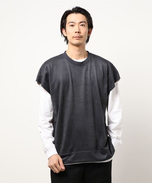 B.I.D.(ビーアイディー)の「《※セット商品》ビッグノースリーブアンサンブル - スエードタッチノースリーブ&ロングスリーブカットソー(Tシャツ/カットソー・メンズ・グレー/スミクロ/サックスブルー/ベージュ・LARGE/MEDIUM)」の2枚目の写真