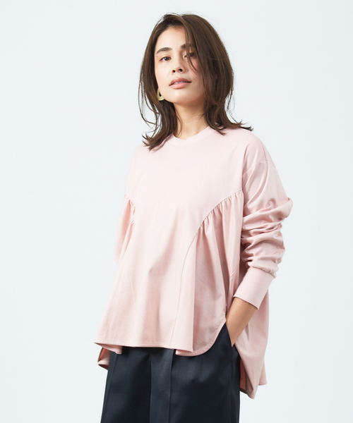 qualite(カリテ)の「【汗ジミ軽減】【接触冷感】サイドギャザープルオーバー(Tシャツ/カットソー)」|スモークピンク