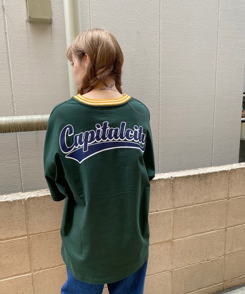 WEGO（ウィゴー）の「WEGO/ヘビーウエイト スタジアムロゴビックシルエット5分袖Tシャツ（Tシャツ/カットソー・メンズ・ダークグリーン/オートミール・MEDIUM/LARGE）」の21枚目の写真