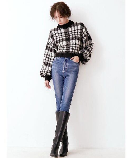 GYDA（ジェイダ）の「【セットアップ】CHECK PATTERN SHORT ニットトップス（ニット/セーター・レディース・ブラック/ベージュ・FREE）」の3枚目の写真