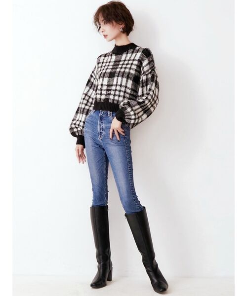 GYDA（ジェイダ）の「【セットアップ】CHECK PATTERN SHORT ニットトップス（ニット/セーター・レディース・ブラック/ベージュ・FREE）」の7枚目の写真