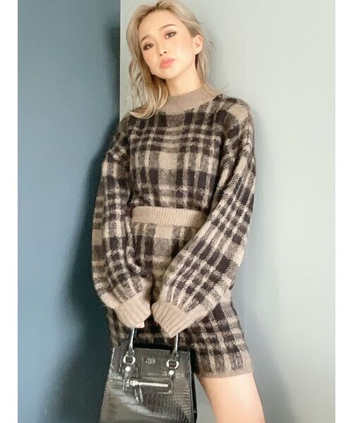 GYDA（ジェイダ）の「【セットアップ】CHECK PATTERN SHORT ニットトップス（ニット/セーター・レディース・ブラック/ベージュ・FREE）」の11枚目の写真