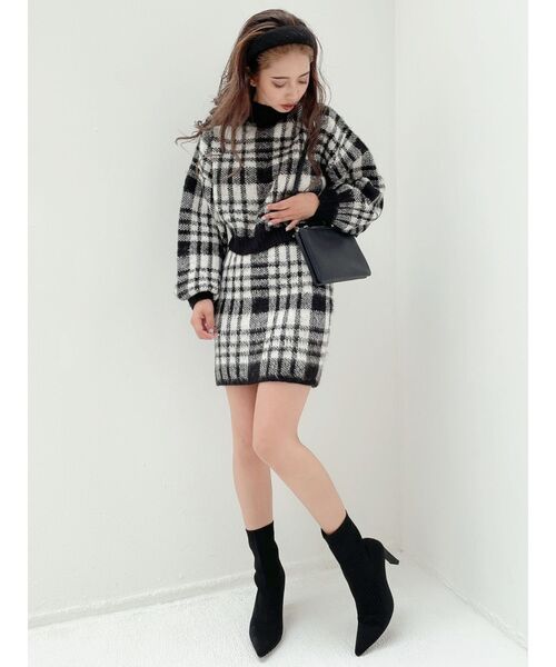 GYDA（ジェイダ）の「【セットアップ】CHECK PATTERN SHORT ニットトップス（ニット/セーター・レディース・ブラック/ベージュ・FREE）」の5枚目の写真