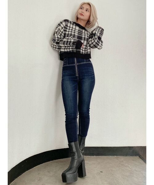 GYDA（ジェイダ）の「【セットアップ】CHECK PATTERN SHORT ニットトップス（ニット/セーター・レディース・ブラック/ベージュ・FREE）」の21枚目の写真