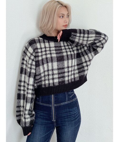 GYDA（ジェイダ）の「【セットアップ】CHECK PATTERN SHORT ニットトップス（ニット/セーター・レディース・ブラック/ベージュ・FREE）」の14枚目の写真