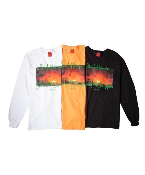 NINE RULAZ LINE（ナインルーラズライン）の「ナインルーラーズ [Nine Rulaz] - ヘリコプター グラフィック 長袖 Tシャツ [Helicopter L/S Tee]（Tシャツ/カットソー・メンズ・オレンジ/ブラック/ホワイト・MEDIUM/LARGE/X-LARGE/XX-LARGE）」の4枚目の写真