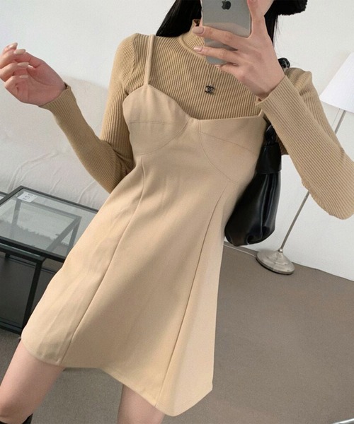 me+em select(ミームセレクト)の「【 セットアイテム 】リブニットトップス+ビスチェキャミワンピース SET(その他トップス・レディース・ブラック/ダークベージュ/ブラウン・LARGE/MEDIUM)」の9枚目の写真