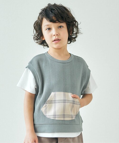 apres les cours(アプレレクール)の「ベストレイヤード風Tシャツ(Tシャツ/カットソー・キッズ・グリーン/ベージュ・80/120/90/140/130/100/110)」の1枚目の写真