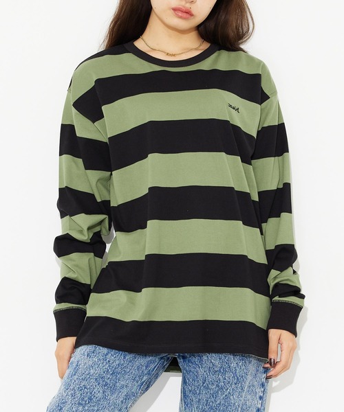 X-girl（エックスガール）の「STRIPED L/S BIG TEE（Tシャツ/カットソー・レディース・ライトブルー/オリーブ/アッシュ・S/M）」の2枚目の写真