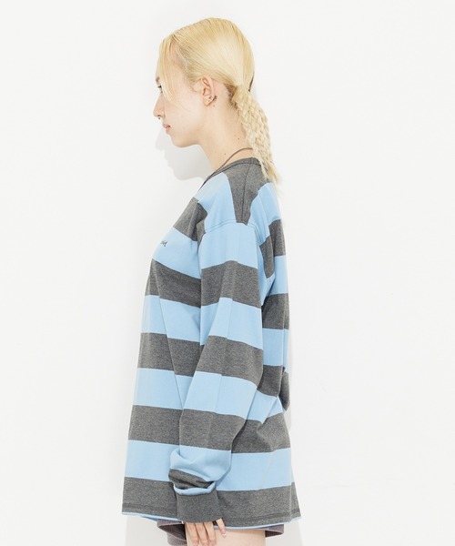 X-girl（エックスガール）の「STRIPED L/S BIG TEE（Tシャツ/カットソー・レディース・ライトブルー/オリーブ/アッシュ・S/M）」の16枚目の写真