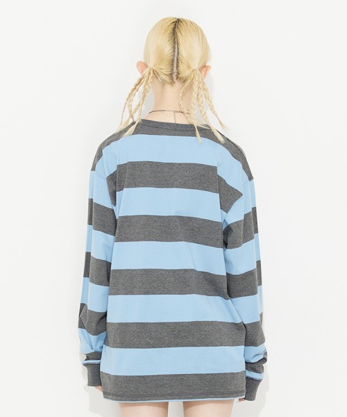 X-girl（エックスガール）の「STRIPED L/S BIG TEE（Tシャツ/カットソー・レディース・ライトブルー/オリーブ/アッシュ・S/M）」の6枚目の写真