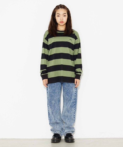 X-girl（エックスガール）の「STRIPED L/S BIG TEE（Tシャツ/カットソー・レディース・ライトブルー/オリーブ/アッシュ・S/M）」の10枚目の写真