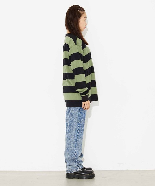 X-girl（エックスガール）の「STRIPED L/S BIG TEE（Tシャツ/カットソー・レディース・ライトブルー/オリーブ/アッシュ・S/M）」の4枚目の写真