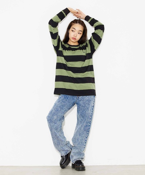 X-girl（エックスガール）の「STRIPED L/S BIG TEE（Tシャツ/カットソー・レディース・ライトブルー/オリーブ/アッシュ・S/M）」の5枚目の写真