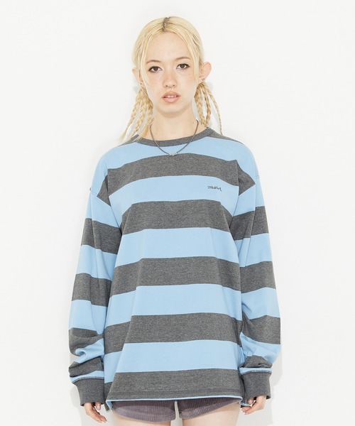 X-girl（エックスガール）の「STRIPED L/S BIG TEE（Tシャツ/カットソー・レディース・ライトブルー/オリーブ/アッシュ・S/M）」の22枚目の写真