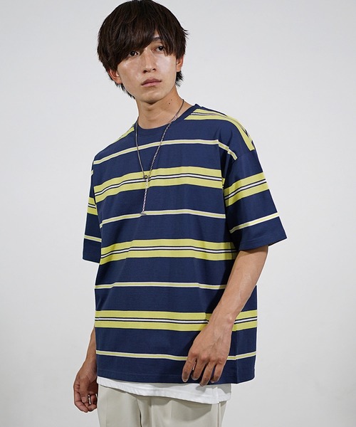 MinoriTY（マイノリティ）の「【MinoriTY】マルチボーダービッグTシャツ 半袖 ビッグシルエット オーバーサイズ コットン メンズ 夏服 秋服 インナー（Tシャツ/カットソー・メンズ・ホワイト/ブラック/ネイビー/オレンジ/グリーン/マスタード/ホワイト系その他/ブラック系その他/グリーン系その他/チャコール・L/M）」の8枚目の写真