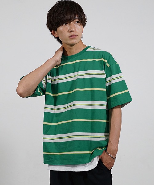 MinoriTY（マイノリティ）の「【MinoriTY】マルチボーダービッグTシャツ 半袖 ビッグシルエット オーバーサイズ コットン メンズ 夏服 秋服 インナー（Tシャツ/カットソー・メンズ・ホワイト/ブラック/ネイビー/オレンジ/グリーン/マスタード/ホワイト系その他/ブラック系その他/グリーン系その他/チャコール・L/M）」の7枚目の写真