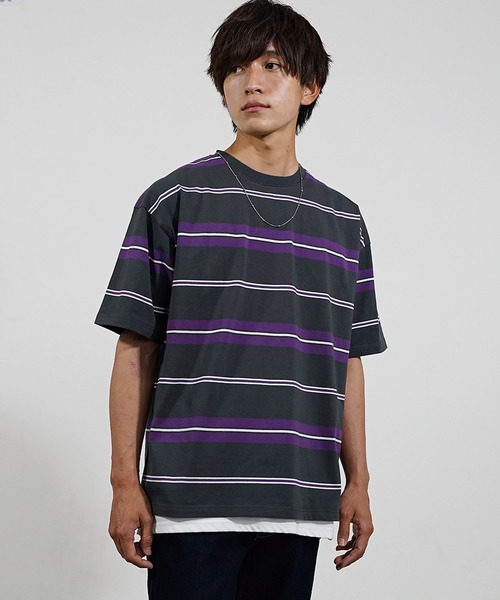 MinoriTY（マイノリティ）の「【MinoriTY】マルチボーダービッグTシャツ 半袖 ビッグシルエット オーバーサイズ コットン メンズ 夏服 秋服 インナー（Tシャツ/カットソー・メンズ・ホワイト/ブラック/ネイビー/オレンジ/グリーン/マスタード/ホワイト系その他/ブラック系その他/グリーン系その他/チャコール・L/M）」の6枚目の写真