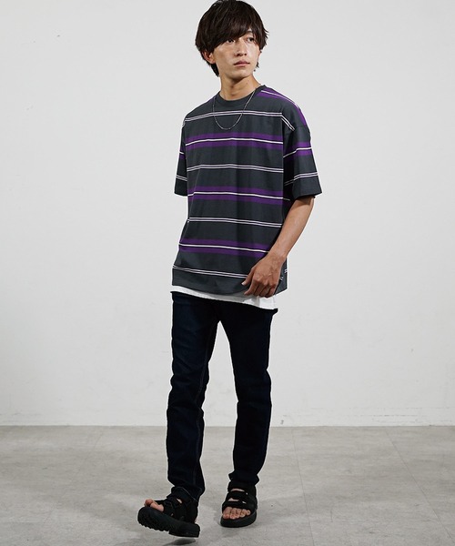 MinoriTY（マイノリティ）の「【MinoriTY】マルチボーダービッグTシャツ 半袖 ビッグシルエット オーバーサイズ コットン メンズ 夏服 秋服 インナー（Tシャツ/カットソー・メンズ・ホワイト/ブラック/ネイビー/オレンジ/グリーン/マスタード/ホワイト系その他/ブラック系その他/グリーン系その他/チャコール・L/M）」の16枚目の写真