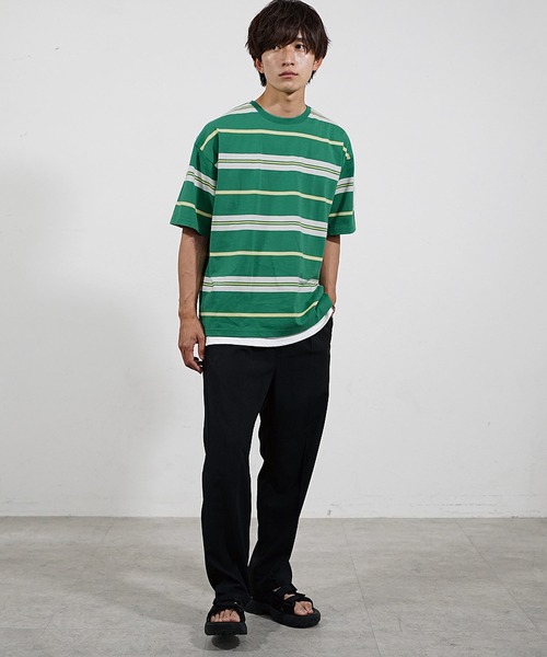 MinoriTY（マイノリティ）の「【MinoriTY】マルチボーダービッグTシャツ 半袖 ビッグシルエット オーバーサイズ コットン メンズ 夏服 秋服 インナー（Tシャツ/カットソー・メンズ・ホワイト/ブラック/ネイビー/オレンジ/グリーン/マスタード/ホワイト系その他/ブラック系その他/グリーン系その他/チャコール・L/M）」の17枚目の写真