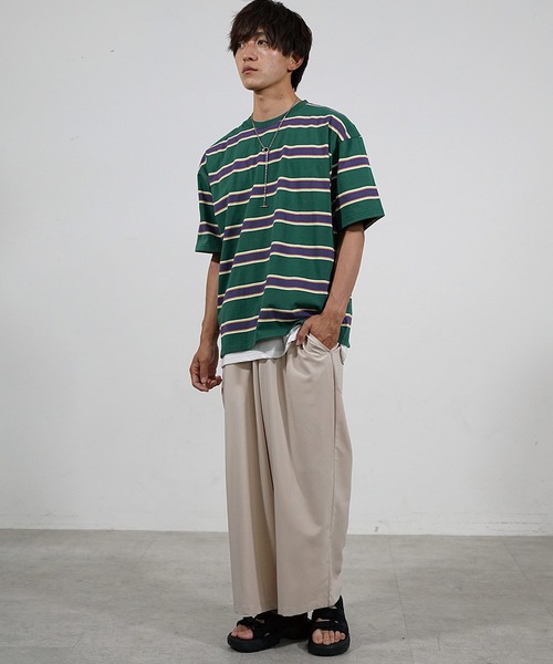 MinoriTY（マイノリティ）の「【MinoriTY】マルチボーダービッグTシャツ 半袖 ビッグシルエット オーバーサイズ コットン メンズ 夏服 秋服 インナー（Tシャツ/カットソー・メンズ・ホワイト/ブラック/ネイビー/オレンジ/グリーン/マスタード/ホワイト系その他/ブラック系その他/グリーン系その他/チャコール・L/M）」の18枚目の写真