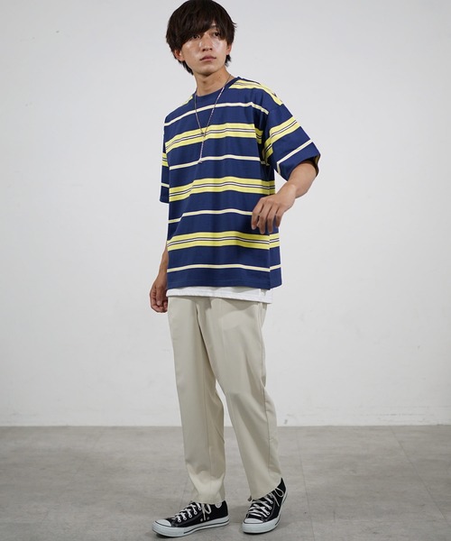 MinoriTY（マイノリティ）の「【MinoriTY】マルチボーダービッグTシャツ 半袖 ビッグシルエット オーバーサイズ コットン メンズ 夏服 秋服 インナー（Tシャツ/カットソー・メンズ・ホワイト/ブラック/ネイビー/オレンジ/グリーン/マスタード/ホワイト系その他/ブラック系その他/グリーン系その他/チャコール・L/M）」の19枚目の写真