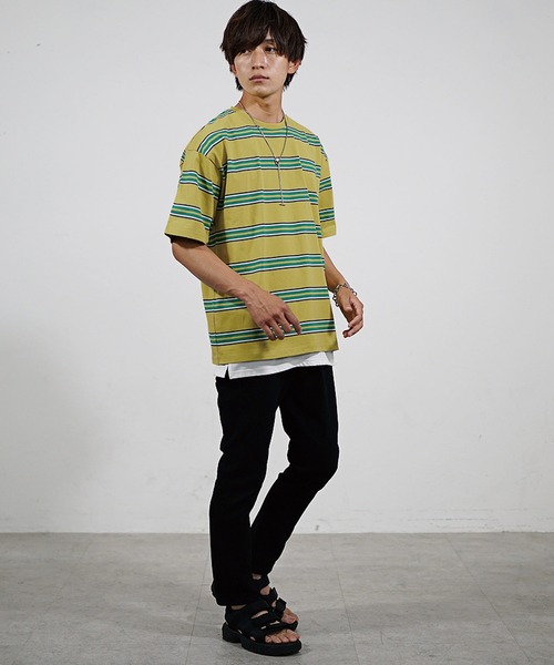 MinoriTY（マイノリティ）の「【MinoriTY】マルチボーダービッグTシャツ 半袖 ビッグシルエット オーバーサイズ コットン メンズ 夏服 秋服 インナー（Tシャツ/カットソー・メンズ・ホワイト/ブラック/ネイビー/オレンジ/グリーン/マスタード/ホワイト系その他/ブラック系その他/グリーン系その他/チャコール・L/M）」の21枚目の写真