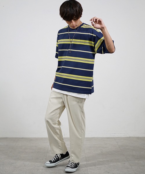 MinoriTY（マイノリティ）の「【MinoriTY】マルチボーダービッグTシャツ 半袖 ビッグシルエット オーバーサイズ コットン メンズ 夏服 秋服 インナー（Tシャツ/カットソー・メンズ・ホワイト/ブラック/ネイビー/オレンジ/グリーン/マスタード/ホワイト系その他/ブラック系その他/グリーン系その他/チャコール・L/M）」の20枚目の写真