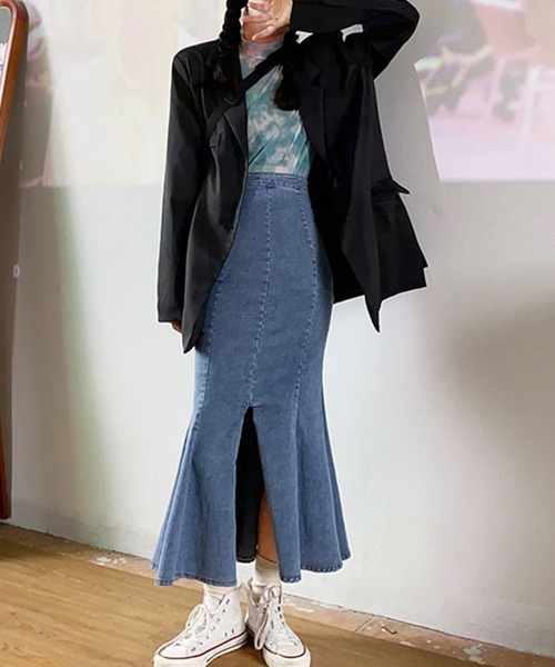 Jasmine Grandiflorum(ジャスミングランディフローラム)の「【Jasmine】ハイウエストデニムマーメイドロングスカート(デニムスカート・レディース・ブラック/ブルー・SMALL/MEDIUM/LARGE)」の6枚目の写真