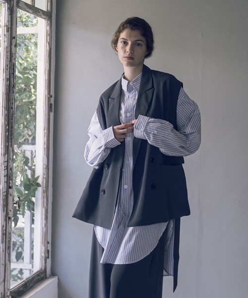 shiki tokyo（シキトウキョウ）の「Oversized Belted Double Jilet Vest / オーバーサイズベルテッドダブルジレベスト（ベスト・メンズ・チャコールグレー/ストーン・SMALL/MEDIUM/LARGE）」の14枚目の写真
