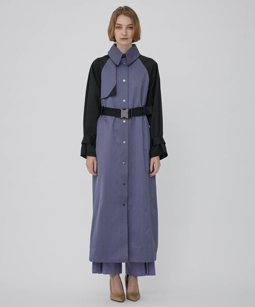 美品 【yori】 バイカラーロングコート 36 ブルー チェスターコート ロングコート コート レディース ロング丈