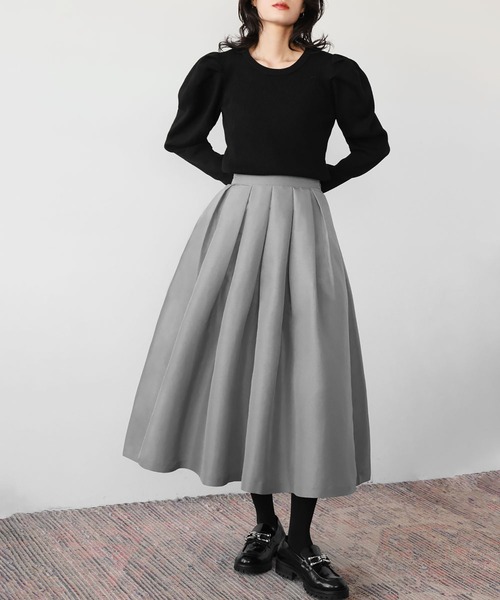 ELFRANK(エルフランク)の「【S~Lサイズ展開】グログランボックスタックフレアロングスカート(スカート・レディース・ブラック/レッド/グリーン/マスタード/ネイビー/シルバー・FREE/S/M/L)」の7枚目の写真
