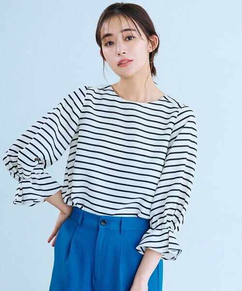 grove（グローブ）の「◆清涼感がありながらきちんと見えの袖デザインブラウス！（シャツ/ブラウス・レディース・オフホワイト/ブラック系2/オレンジ/ブルー・03/02/04/01/05）」の2枚目の写真