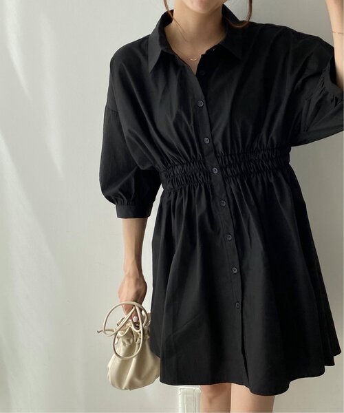 RAY CASSIN（レイカズン）の「7分袖ウエストシャーリングミニワンピース（シャツワンピース・レディース・ブルー系/パープル系/オフホワイト/ブラック・FREE）」の5枚目の写真