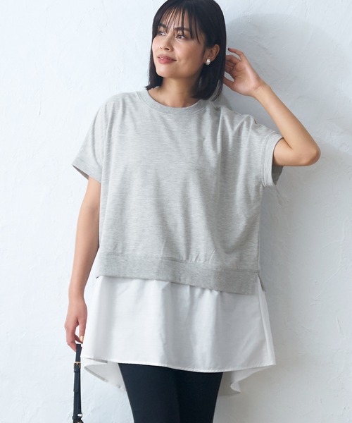 coca（coca）（コカ）の「ミニ裏毛ドッキングトップス（Tシャツ/カットソー・レディース・グレー/ホワイト・M/L）」の2枚目の写真