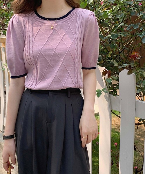 Girly Doll（ガーリードール）の「バイカラー半そでニット（ニット/セーター・レディース・ブラック/ベージュ/ホワイト/グレー/パープル/ダークブルー・FREE）」の14枚目の写真