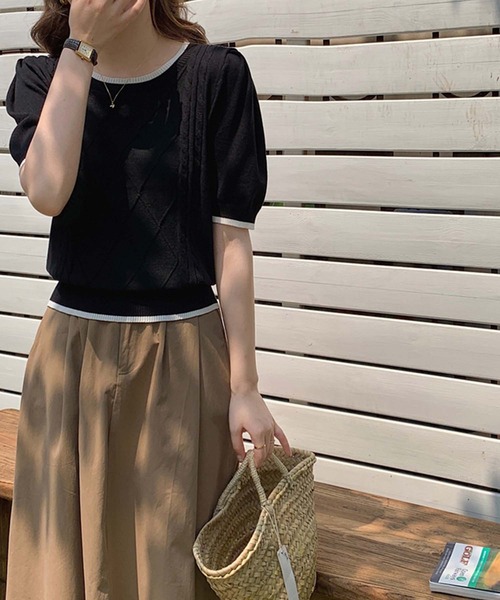 Girly Doll（ガーリードール）の「バイカラー半そでニット（ニット/セーター・レディース・ブラック/ベージュ/ホワイト/グレー/パープル/ダークブルー・FREE）」の7枚目の写真