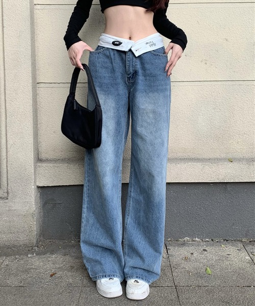 GLAMOROUS JANE(グラマラスジェーン)の「ウエスト折り返しデニムワイドパンツ(デニムパンツ・レディース・ブルー・M/L)」の4枚目の写真