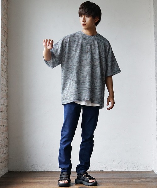 MinoriTY(マイノリティ)の「【いつもと違った大人の風合い】マルチボーダーニット サマーニット 半袖Tシャツ メンズ 夏服【MinoriTY】(ニット/セーター・メンズ・グレー/オレンジ/ブルー・M/S/L)」の9枚目の写真