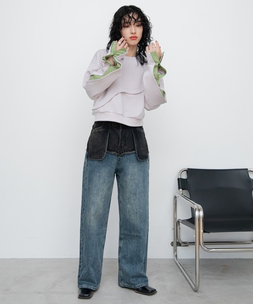 VACANCY（ヴァカンシー）の「ウェーブ配色ドッキングトレーナー（その他トップス・レディース・ブラック/ホワイト/グレー/サックスブルー・FREE）」の6枚目の写真