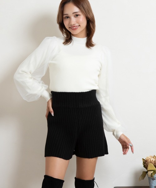 [Drawer]チュールレースネックニット Black セール】チュール付きニット（ニット/セーター）｜attiree