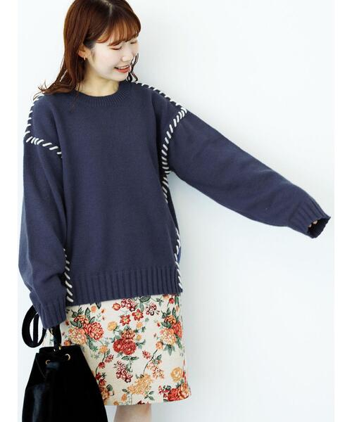 ehka sopo(エヘカソポ)の「配色ステッチプルオーバー(ニット/セーター・レディース・ブラック/ブルー/キナリ・F)」の3枚目の写真