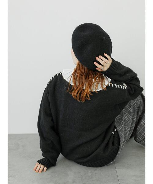 ehka sopo(エヘカソポ)の「配色ステッチプルオーバー(ニット/セーター・レディース・ブラック/ブルー/キナリ・F)」の9枚目の写真