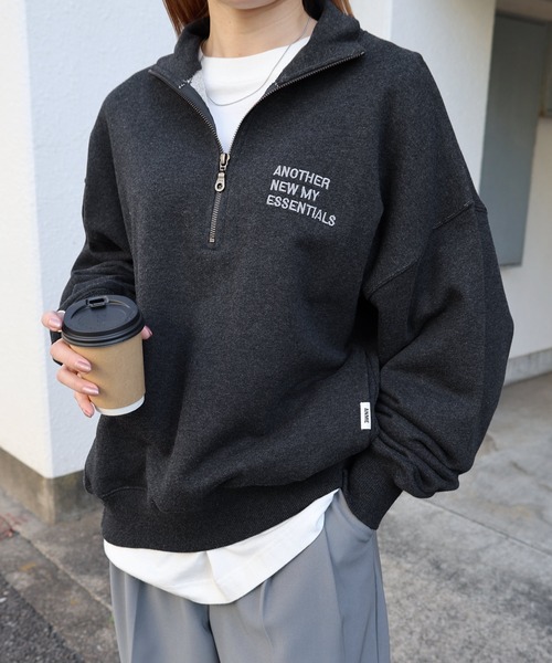 ANME(アンメ)の「ハーフジップエンブロイダリーロゴ裏毛スウェットトップス(スウェット・レディース・ネイビー/オートミール/ブラック/アイボリー/チャコールグレー・M/L)」の18枚目の写真