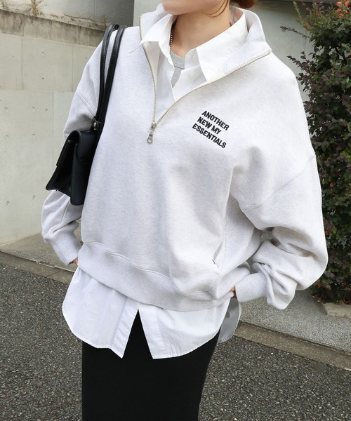 ANME（アンメ）の「ハーフジップエンブロイダリーロゴ裏毛スウェットトップス（スウェット・レディース・ネイビー/オートミール/ブラック/アイボリー/チャコールグレー・M/L）」の17枚目の写真