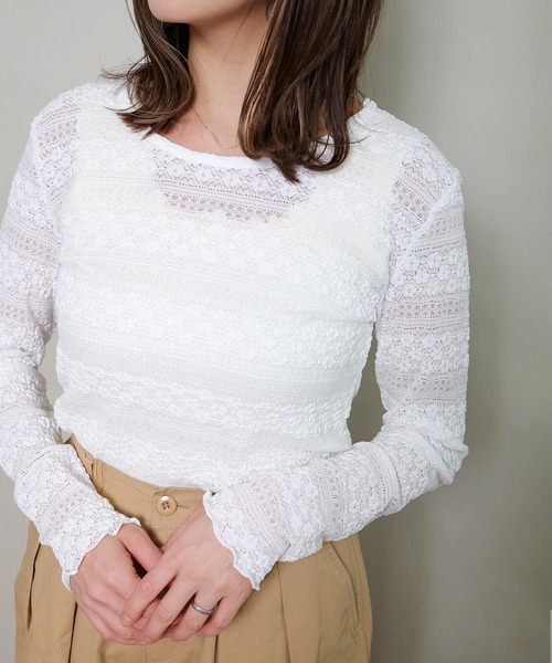 Crisp（クリスプ）の「シアーレースTシャツ（Tシャツ/カットソー・レディース・ブラック/アイボリー/ブルー/ホワイト・FREE）」の14枚目の写真